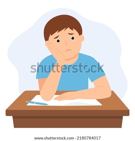  Bored kid doing homework. Sad  unhappy boy  studying, sitting with open notebook on boring school lesson. Vector illustration