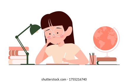 Bored kid doing homework or sitting on boring school lesson. Tired and sad  student girl child vector illustration. Children workplace for study. Back to school concept. study hard