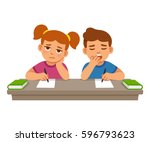 Bored kids at school lesson, boy and girl. Cute cartoon vector illustration.