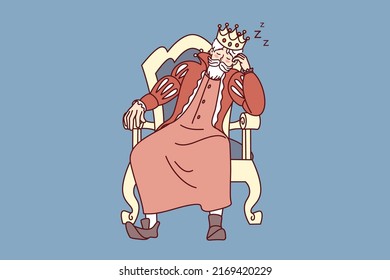 Bored king with crown on head fall asleep in chair. Tired monarch sleeping in armchair. Exhaustion and fatigue. Vector illustration. 