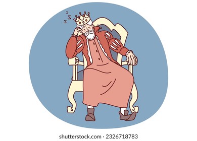 Bored king with crown on head fall asleep in chair. Tired monarch sleeping in armchair. Exhaustion and fatigue. Vector illustration.