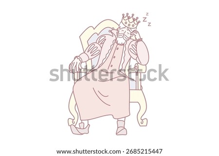 Bored king with crown on head fall asleep in chair. Tired monarch sleeping in armchair. Exhaustion and fatigue. Vector illustration.