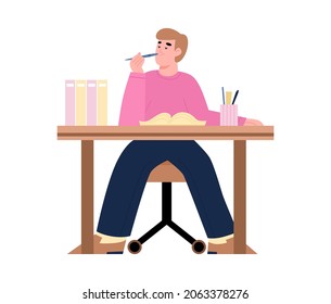 Bored, lazy, tired office worker or student sitting at his desk. Procrastinating young man with textbook and pen in hand. Flat cartoon isolated vector illustration