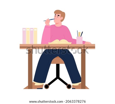 Bored, lazy, tired office worker or student sitting at his desk. Procrastinating young man with textbook and pen in hand. Flat cartoon isolated vector illustration