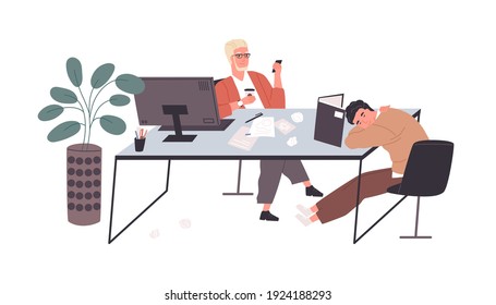 Bored lazy workers relaxing at desk. Clerks sleeping and using phone instead of working. Unproductive people doing nothing and procrastinating. Flat vector illustration isolated on white background