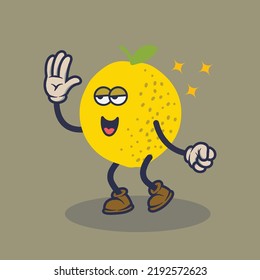 Bored Lemonade with happy face expression and high five hand. Cartoon sticker in comic style with contour. Decoration for greeting cards, posters, patches, prints for clothes, emblems.