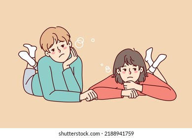 Bored little kids lying on ground feel lazy and unmotivated. Unhappy sad children show boredom and laziness. Childhood lifestyle. Vector illustration. 