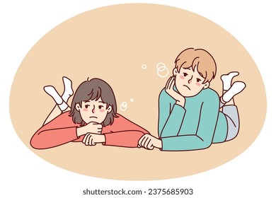 Bored little kids lying on ground feel lazy and unmotivated. Unhappy sad children show boredom and laziness. Childhood lifestyle. Vector illustration.