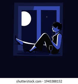 A bored and lonely girl sitting by the window. Vector illustration.