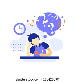Bored male student at the desk doing homework, difficult  assignment, writing and thinking on task, education concept, bored teenage learner, tired learning, too much burden, vector flat illustration
