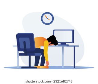 Bored man asleep at desk at his computer. Deadline concept. Character in office with a lot of work. Employee stressed out on workplace. Vector illustration