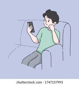 bored man looking at his phone illustration concept