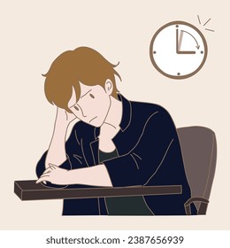 Bored man sitting alone, having appointment, waiting for someone who is late. Time flies. Time goes by so fast. Clock behind. Hand drawn flat cartoon character vector illustration.