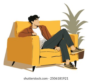 Bored Man Sitting on a Sofa. Flat Vector Illustration