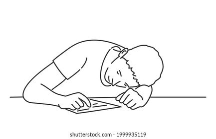 Bored man, tired and exhausted student sits with his head on the table. Hand drawn vector illustration.