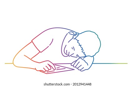 Bored man, tired and exhausted student sits with his head on the table. Rainbow color. Sketch vector illustration.