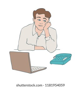 Bored man vector illustration of young male character sitting at table with laptop and phone and leaning his head on his arm in sketch style isolated on white background.