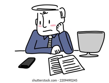 Bored man waiting for a call. Unhappy businessman sitting at desk and waiting for a phone call. Stressed man working at his desk full of papers. Unhappy man sitting at desk and looking at his phone.