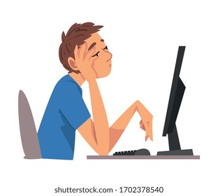 Bored Man Working with Computer, Lazy Male Employee Procrastinating at Workplace Vector Illustration