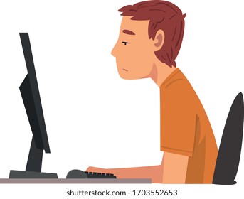 Bored Man Working with Computer, Lazy Male Clerk Procrastinating at Workplace, Unmotivated or Unproductive Worker Character, Side View Vector Illustration