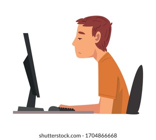 Bored Man Working with Computer, Lazy Male Clerk Procrastinating at Workplace, Unmotivated or Unproductive Worker Character, Side View Vector Illustration