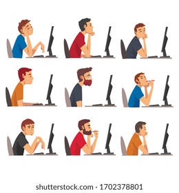 Bored Men Working with Computer Collection, Lazy Guys in Casual Clothes Procrastinating at Workplace, Unmotivated or Unproductive Worker Character, Side View Vector Illustration