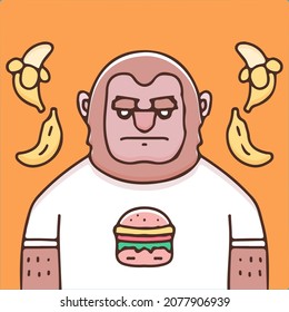 Bored monkey with burger and banana illustration. Vector graphics for t-shirt prints and other uses.