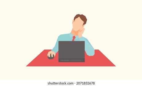 A bored office employee working on his laptop. Simple flat vector illustration.