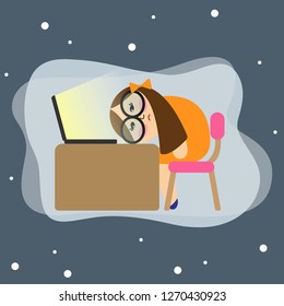 Bored office girl's working with laptop cartoon concept.Overworked woman sleeps on desk flat design vactor illustration design.Business lady is exhauted from hard job.