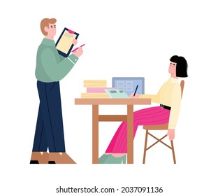 Bored office woman. Tired, dreaming or lazy employee, sleeping at desk and postponing work next with angry male director. Flat vector illustration isolated on a white.