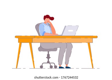 Bored office worker. Isolated bored business man cartoon character working lazily on laptop computer procrastinating at office work desk. Lazy worker person. Vector procrastination, laziness concept