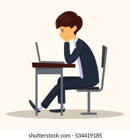 Bored office worker sitting at the table. On the table is a laptop. Vector cartoon illustration. Character.