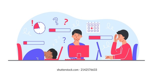 Bored people at work. Men with different energy levels at tables with computers and gadgets. Tired colleagues, overworked employees. Poor time management concept. Cartoon flat vector illustration