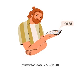 Persona aburrida esperando una respuesta en línea, responde por mucho tiempo, mirando la pantalla con mensaje TYPING. chat por Internet, mensajes de texto, correspondencia. Ilustración vectorial plana aislada en fondo blanco