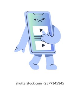 Bored phone watching video online. Cute sad smartphone clicks play, presses on media player. Sad telephone character scrolls social networks. Flat isolated vector illustration on white background
