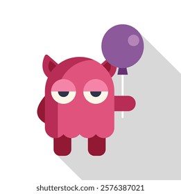 Bored pink monster holding a purple balloon in flat design style with long shadow 