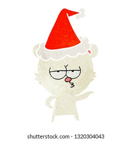 bored polar bear hand drawn retro cartoon of a wearing santa hat