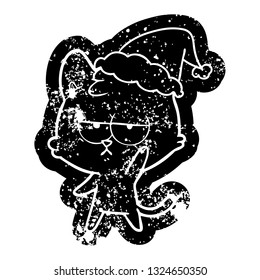 bored quirky cartoon distressed icon of a cat wearing santa hat