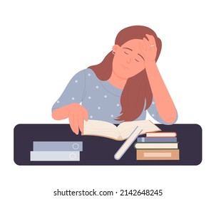 Bored reading female teenager. Exhausted sleepy student studying isolated illustration