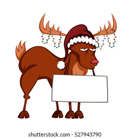 bored reindeer is decorated with christmas light garlands and holding a bulletin board in santa-hat