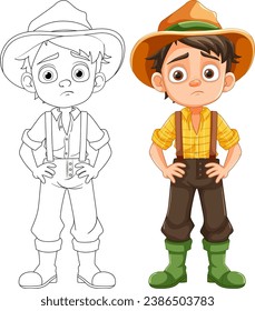 A bored and sad boy wearing farmer overalls in a cartoon illustration