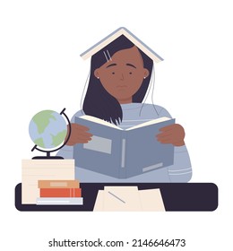 Bored sad student with book on head. Exhausted unhappy female pupil isolated illustration