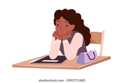 Bored sad student thinking and sitting at school desk. Girl at table tired of hard studying, funny scene from classroom with teenage pupil with thoughtful unhappy face cartoon vector illustration