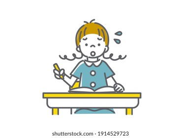 bored school child at classroom, simple line art illustration