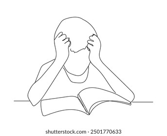 Bored school child at classroom, simple line art illustration. Sad offended stressed worried boy sitting . Little boy having a headache.