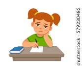 Bored school girl doing homework. Cute cartoon vector illustration.
