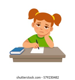 Bored School Girl Doing Homework. Cute Cartoon Vector Illustration.