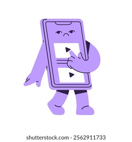 Bored smartphone character watching video online. Phone mascot clicks on media player in the Internet. Cute telephone scrolls social networks. Flat isolated vector illustration on white background