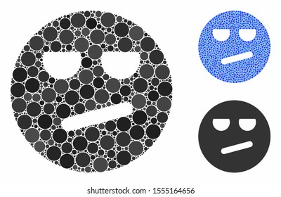 Bored smiley mosaic of small circles in variable sizes and color tones, based on bored smiley icon. Vector small circles are grouped into blue illustration.