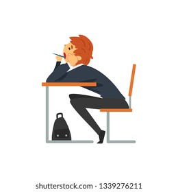 Bored Student Sitting and Yawning at Desk in Classroom, Side View, Schoolboy in Uniform Studying at School, College Vector Illustration